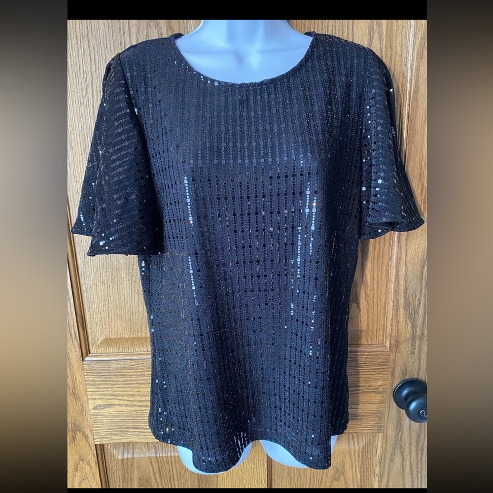 NWT ANNE KLEIN Black Sequin Top with Flutter Sleeves, Women's Size S